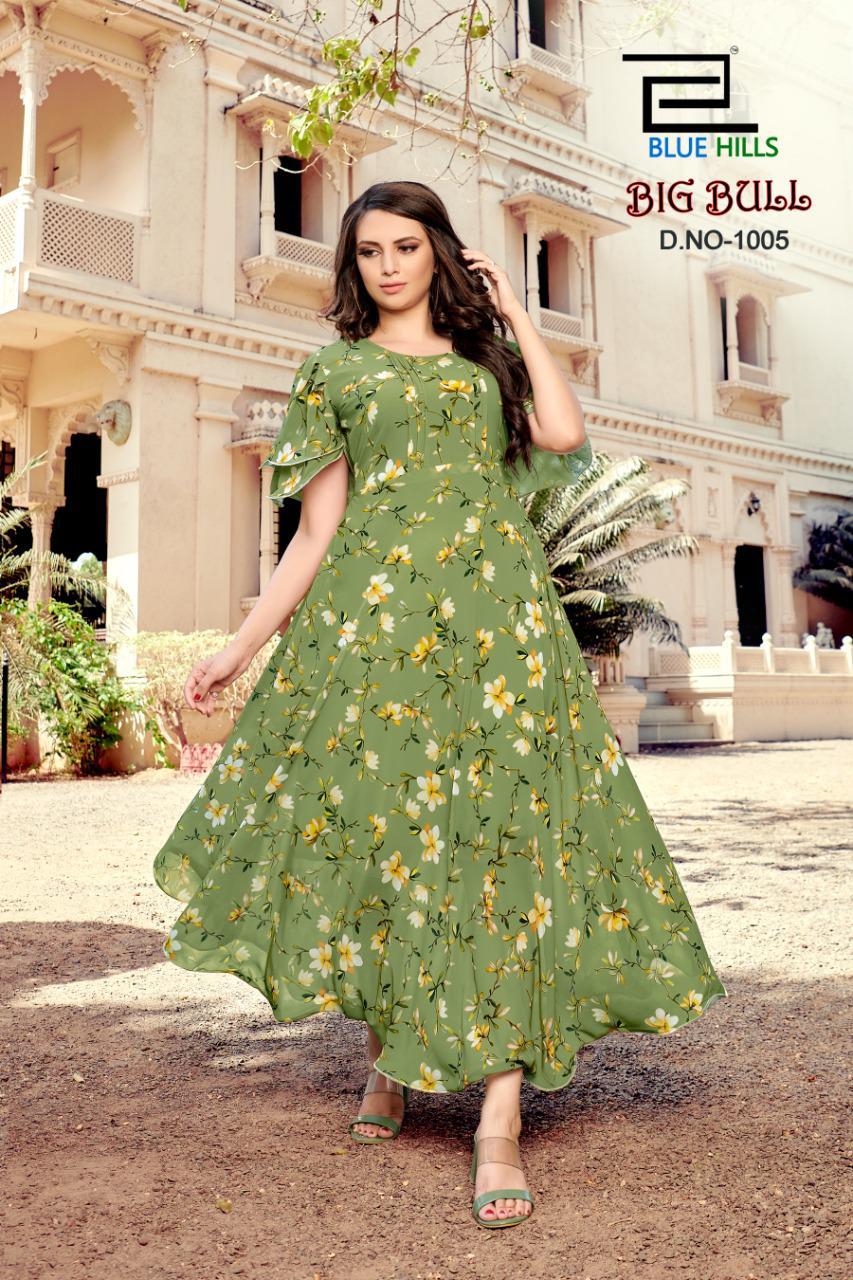 
Blue Hills Big Bull 1 Latest Fancy Designer Flair  Chiffon digital Printed Kurti Collection